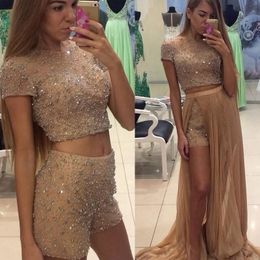 sparkly two pieces prom dresses with detachable skirt beads sequined party evening gowns short pants homecoming dress