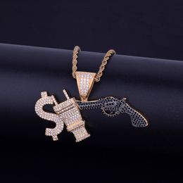Men's Hip hop Jewellery Bling Cubic Zircon Necklace & Pendant With Dollar Cup Gun Three Colour For Gift Freeshipping