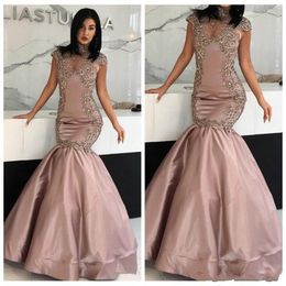 Trendy Mermaid Satin Evening Dresses Lace Fitted High Neck Arabic Dubai Vestidos De Festa Party Dress Prom Formal Pageant Celebrity Gowns