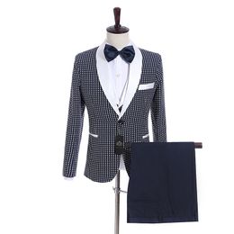 Hot Sale Navy Blue white point Groom Tuxedos One Button Side Vent Groomsmen Blazer Excellent Men Business Prom Suit(Jacket+Pants+Tie+Vest)