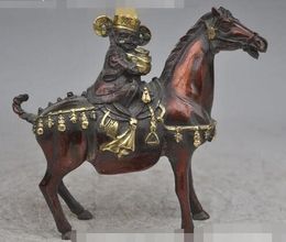 6"chinese bronze gilt Jambhala god ride Horse wealth yuanbao money coin Statue