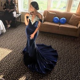 Navy Blue 2019 Prom Dresses Mermaid Velvet Long Evening Dress Off the Shoulder Africa Women Formal Party Gowns Robe De Soiree