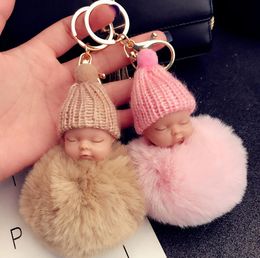 Colourful Cute Sleeping Baby Doll Keychain Pompom Rabbit Fur Ball Key Chain Car Keyring Key Holder Bag Pendant Charm Accessories