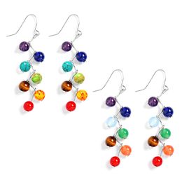 Fashion Healing Chakra 7 Rainbow Round Natural Stone For Women Vintage Yoga Bead Jewellery Long Drop Colourful Dangle Earrings Boho