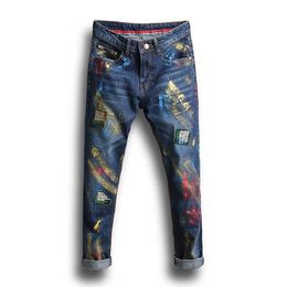 Men Painted jeans Printing Denim Pants Casual Fashionable Pencil Pants Mid Waist Colourful