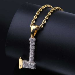 Hip Hop Gold Colour Plated Axe Pendant Necklace Micro Pave Zircon Iced Out Jewellery With Rope Chain