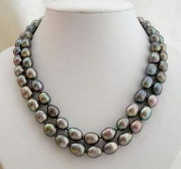 17-18INCH 9-10MM NATURAL TAHITIAN BLACK CHOCOLATE PEARL NECKLACE SHELL CLASP !