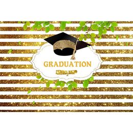 Shining Gold and White Striped Graduation Photography Backdrops Printed Green Leaves Bachelor Cap Kids Children Photo Background