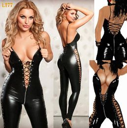 Catsuit sexy da donna in pelle PVC Ladies Sexy Latex Zipper Body con cavallo incrociato Costume Lingerie erotica Fasciatura Clubwear