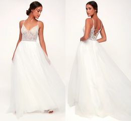 2022 Sexy White Wedding Dress V Neck Frosted Strass-Up A-Linha Tulle Beach Maxi Vestido Boho Formal Vestidos Bridais Corte Trem