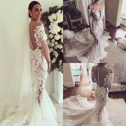 Sexy Lace Long Sleeves Mermaid Wedding Dress Applique Backless Illusion Neck Court Train See Through Bridal Gowns Vestido De Noiva