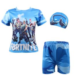 Fortnite boys Two,Pieces Swimwear with swimming cap Letter camouflage Swim shirt Trunks Shorts swim Caps boy Swimsuit Cosplay costumes 6,14T