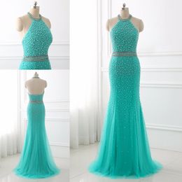 Chic Aqua Blue Pearls Evening Dresses Mermaid Tulle Open Back Crystal Sequin Beaded Floor Length Celebrity Prom Formal Dress Gowns Cheap