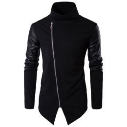 Wholesale- 2017 Men Hooded Sweatshirts with Leather Patchwork Hip Hop Mantle Hoodies Fashion Outwear long Sleeves Asymmetrical Mans Outwear