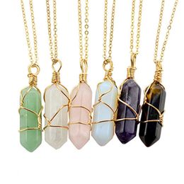 Natural Stone Six Prism Cone-Shape Cut Crystal Necklace Pendant Gold Link Chains 2pcs/Lot Wholesale