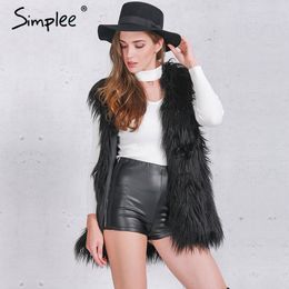 Simplee Fluffy black faux fur vest waistcoat Autumn winter sleeveless outerwear women coats Soft white hairy overcoat