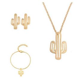 New Fashion Hollow Cactus Jewelry Sets Gold And Silver Cactus Pendant Bracelet Earrings Necklace Sets Women Nice Jewelry