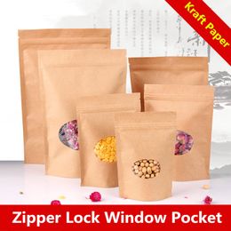 15x22m Stand Window Clear Showcase Kraft Paper Zip Lock Grip Packaging Food Bag Baking Candy Snacks Tea Heat Sealing Reusable Package Pouch