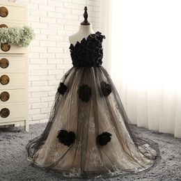 One Shoulder Girls Pageant Dresses Lace Appliques Kids Prom Gowns Hand Made Floral Flower Girl Dress