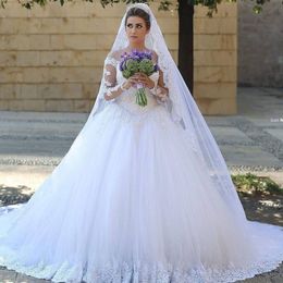Said Mhamad New Lace Wedding Dresses Long Illusion Sleeves Sheer Neck Beaded Tiered Tulle Court Train Bridal Gowns Wedding Dress