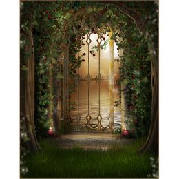 Arched Iron Gate Fairy Tale Forest Backdrop Photography Printed Red Roses Green Vines Moonlight River Kids Children Photo Studio Backgrounds