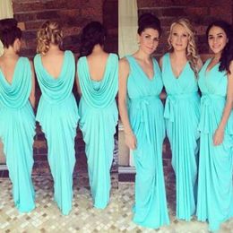 Cheap Bridesmaid Dresses V Neck Wedding Guest Wear Teal Turquoise Sky Blue Chiffon Open Back Floor Length Ruched Maid of Honour Gowns