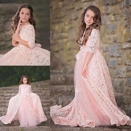 Gorgeous Pink Princess Lace Flower Girl Dresses With Sleeve Jewel Floor Length Tulle girls pageant dresses Sheer Neck Birthday Party Gown