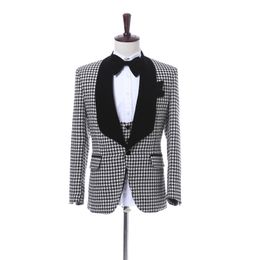 Excellent Groom Tuxedos Houndstooth Groomsmen Mens Wedding Dress Black Lapel Man Jacket Blazer Business Suit(Jacket+Pants+Vest+Tie) 1678