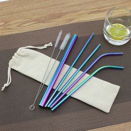 Colourful Stainless Steel Drinking Straws Reusable Metal Straws With Cleaner Brush And Storage Pouch Bag QW8932