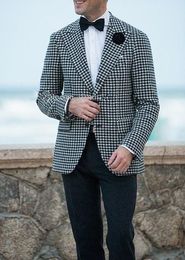 Newl Fashion Houndstoot Groom Tuxedos Peak Lapel Two Button Men Wedding Suits Men Formal Business Prom Suit (Jacket+Pants+Bows tie) 365