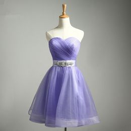 2018 Newest Stock Dress Sexy Purple Sweetheart Crystal Sashes A-Line Homecoming Dress With Pleat Organza Graduation Prom Party Gown BH23
