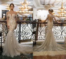 Romantic Mermaid Wedding Dresses Sheer Jewel Neck Lace Applique Long Sleeve Country Bridal Dress Sweep Train Plus Size Boho Wedding Gowns