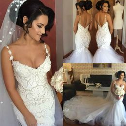 Princess Mermaid Wedding Dresses With Major Pearls Beads Sequins Appliques Sexy Backless Wedding Gowns Covered Buttons Luxury Bridal Dress
