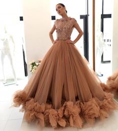 Beaded Ball Gown Dresses Evening Wear Lace Appliques Ruffles Formal Gowns Custom Made Tulle Capped Sleeves Prom Dress