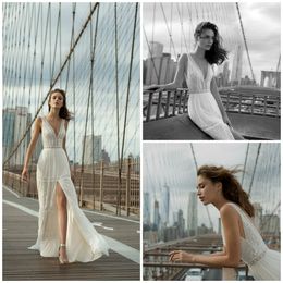 Lace Strap Dresses V Neck Applique Front Split Beach Bridal Gowns Chiffon Floor Length Outdoor Wedding Dress With Aline Design