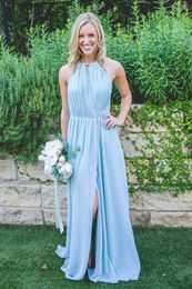 New Pleats Light Sky Blue Bridesmaid Dresses A Line Jewel Neck Chiffon Flow Split Long Maid Of Honor Prom Gowns HY281