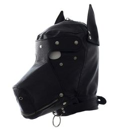 Bondage PU Leather Dog Doggy Full Hood Mask Costume With Month Zipper Eyes patch #Q76