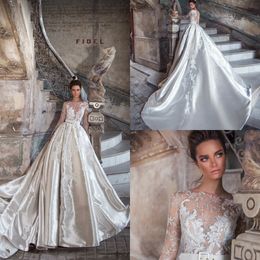 Massive Satin Bateau Neck Long Sleeve Wedding Dresses Illusion Lace Appliques Gitter Luxury Beach Bridal Gowns Custom Made Wedding Dress