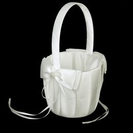 White Ivory Bow Wedding Blower Basket Ceremony Festive Party Love Case Satin Flower Girl Basket for Wedding Party Supplies