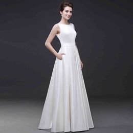 Long Satin Modest White wedding Dress Sleeveless A Line Women Formal Wedding Gowns Without Tail Lace-up Closure