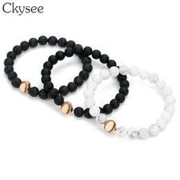 Ckysee 8mm Natural Stone Beads Bracelet Jewelry For Women Black White Color Elastic Rope Baseball Charm Bracelets Couple Jewelry