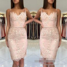 Light Pink Sweetheart Knee Length Sheath Cocktail Dresses Applique Lace Homecoming Dresses Zipper Back Party Dress short mother bride dresse