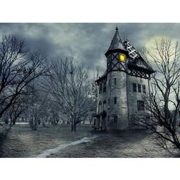 Horrible Night Photography Background for Halloween Party Printed Full Moon Dead Trees Old Castle Kids Photo Studio Backdrops