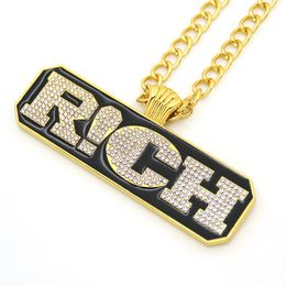 Fashion Punk Hip Hop Men Jewellery 90cm Long Cuban Link Chain Full Iced Out Rhinestones Rich Letters Tag Pendant Gold Necklace