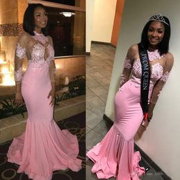 Pink Mermaid Prom Dresses Black Girls See Through Appliques Sheer Long Sleeves Long Party Evening Gowns Prom Queen Dress