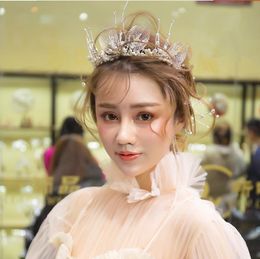 Crown dress, bridal gown, diamond head ornament, leaf hair, fairy beauty, pearl hair ornament.
