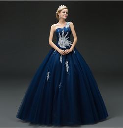 Navy Blue Ball Gown Prom Dresses One Shoulder Lace-up with Zipper Back Evening Dresses Sparkling Beads Crystal Prom Gowns