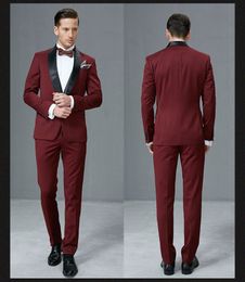 Brand New Burgundy Men Wedding Tuxedos High Quality Groom Tuxedos Black Shawl Lapel Side Vent Men Blazer 2 Piece Suit(Jacket+Pants+Tie) 1691