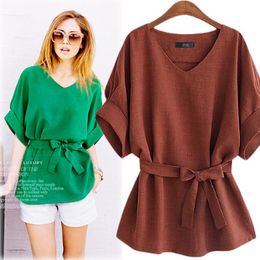 Summer Women's Blouse V Neck Bat-wing Short Sleeve Tops Shirt Lady's Cotton Linen Shirt Loose Blouses 4 Colours C3380