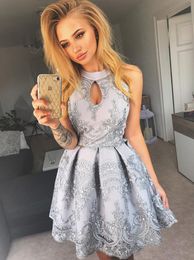Silver Lace Homecoming Dresses For Juniors Halter Neck Sequined Short Prom Gowns Knee Length A Line Cocktail Party Dress